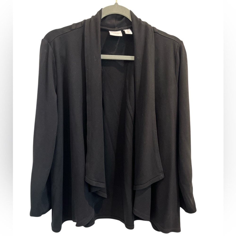 Weekends by Chico’s Black Open Front Cardigan Faux Leather Trim Size 2 (L)